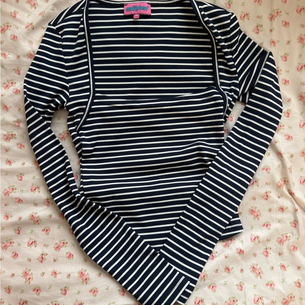 Edikted Navy and White Striped Long Sleeve Top